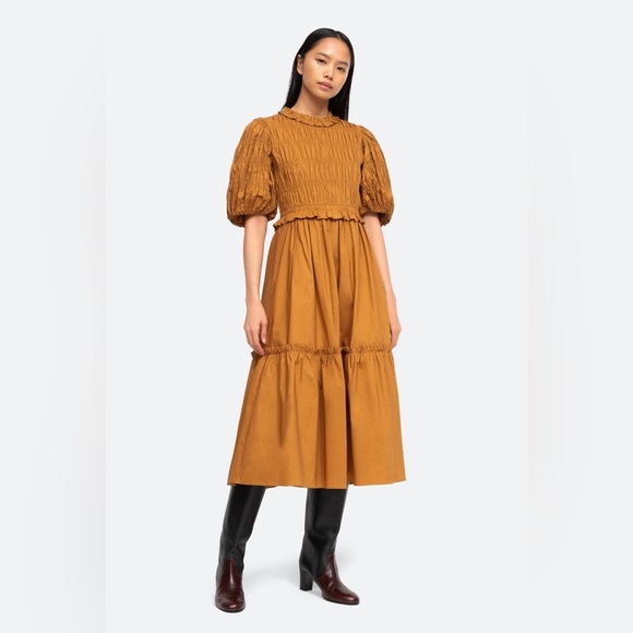 L1. Sea New York Renee Mustard Cotton Puff Sleeve Smocked Midi Dress Peasant - Picture 1 of 8